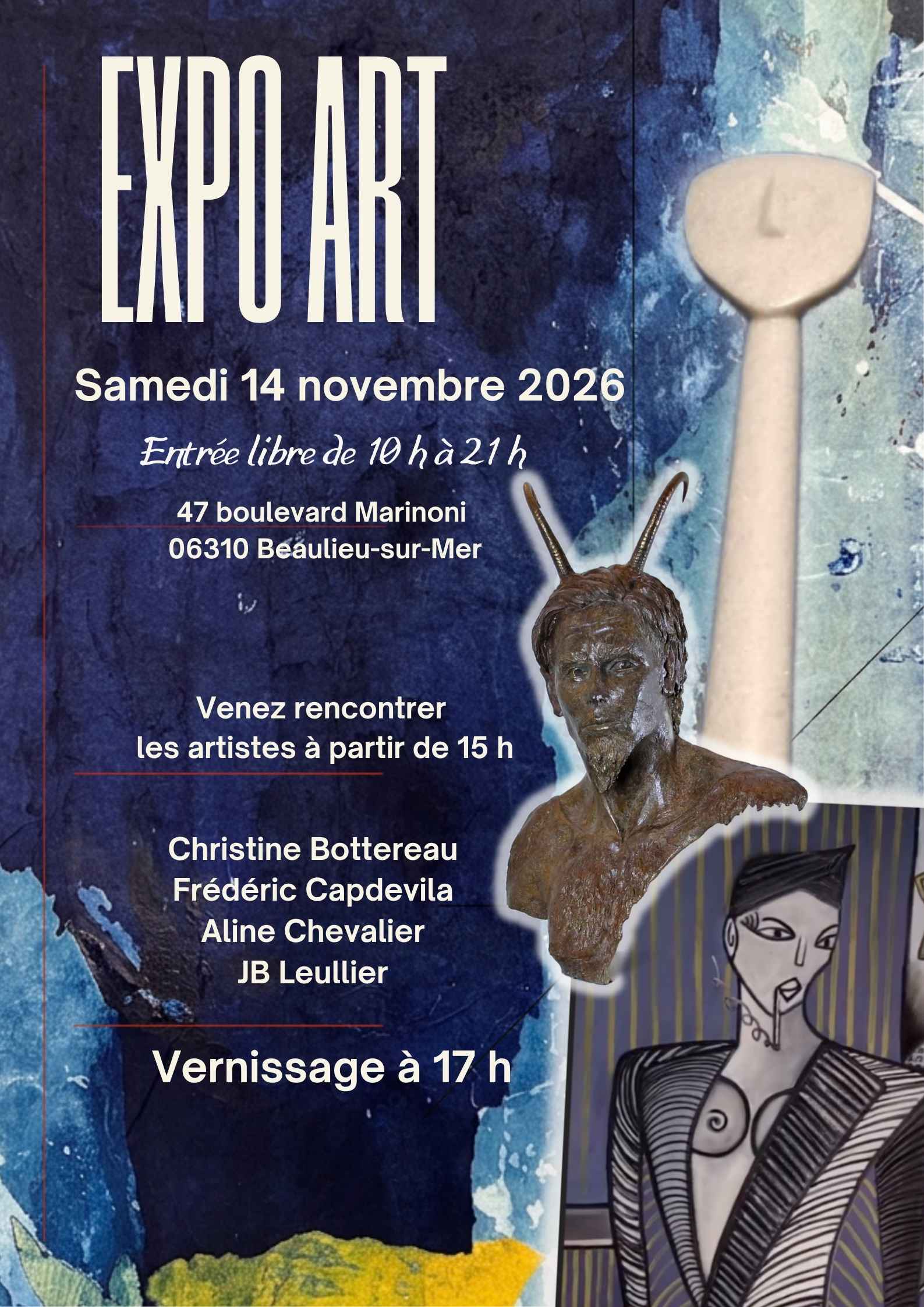 Affiche du vernissage à Beaulieu-sur-Mer, le 14 novembre 2026 à 17 h