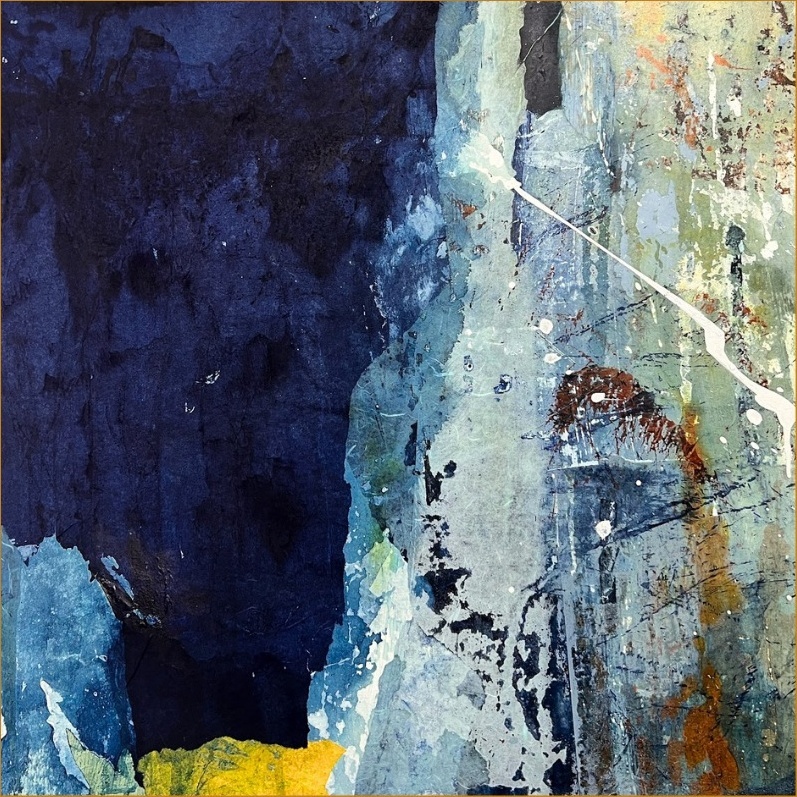 Abysse, peinture abstraite contemporaine en marqueterie de papier et pigments naturels, 60 × 60 cm