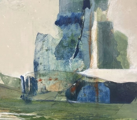 Recadrage d’Adret : fragments bleus et verts, transparences et touches de terre.