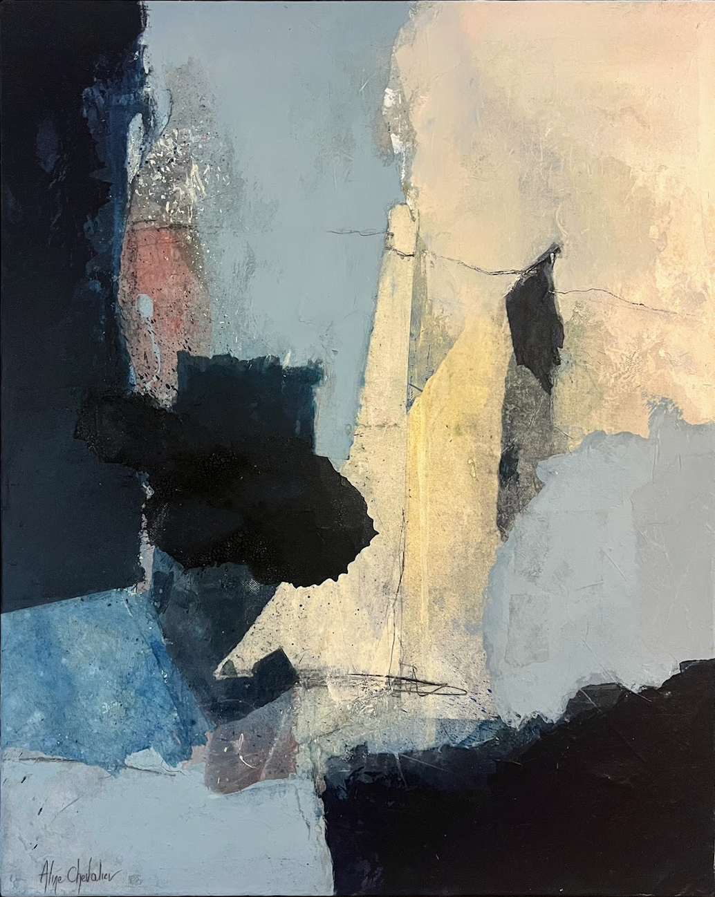 Bathyal, peinture abstraite contemporaine en marqueterie de papier et pigments naturels, 66 × 81 cm