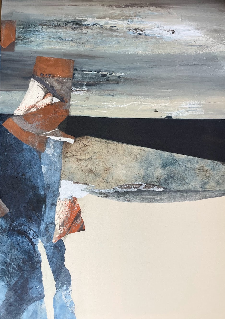 Isobathe, peinture abstraite contemporaine en marqueterie de papier et pigments naturels, 89 × 130 cm