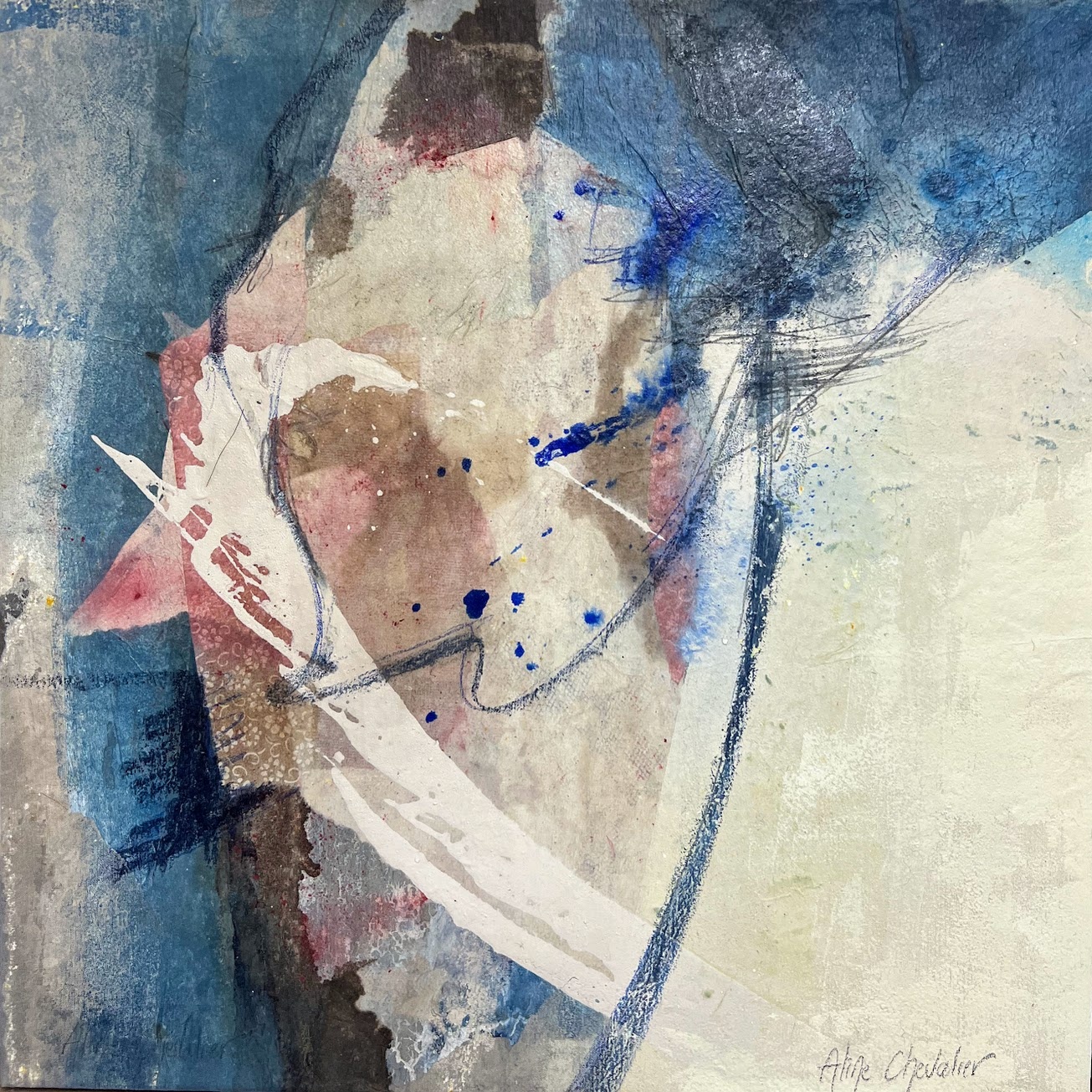 Passage, peinture abstraite contemporaine en marqueterie de papier et pigments naturels, 40 × 40 cm