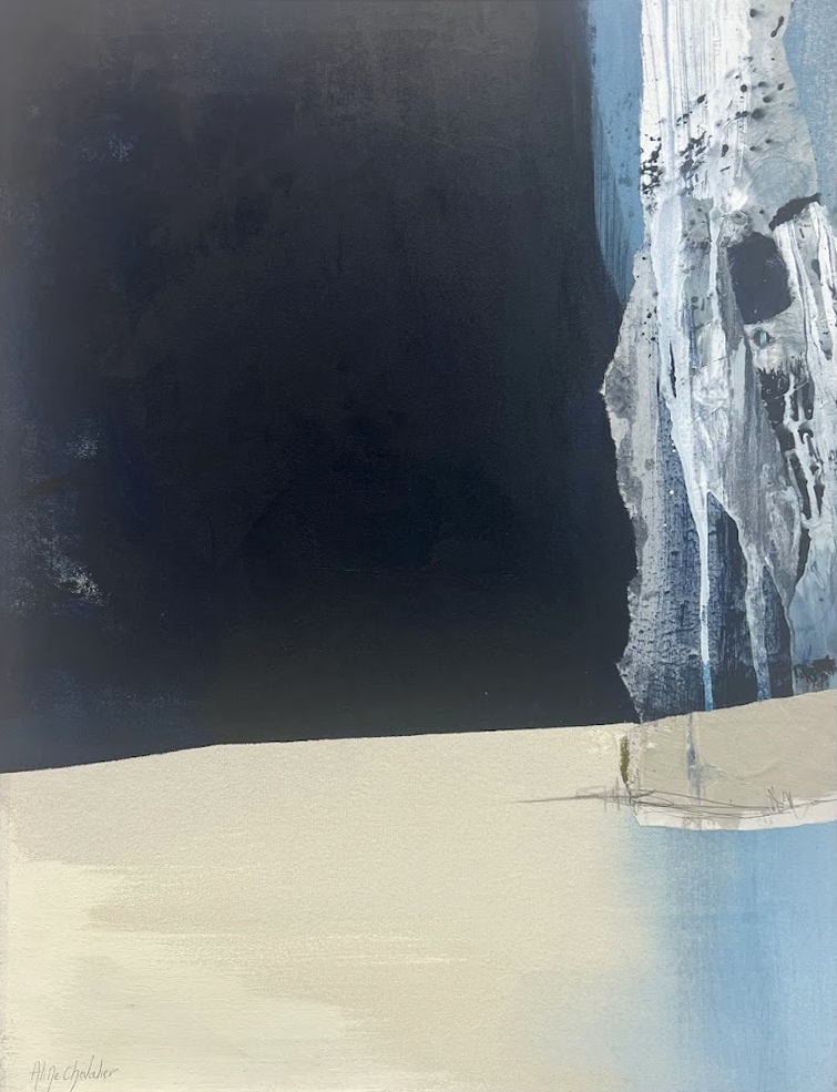 Plongée verticale, peinture abstraite contemporaine en marqueterie de papier et pigments naturels, 60 × 80 cm
