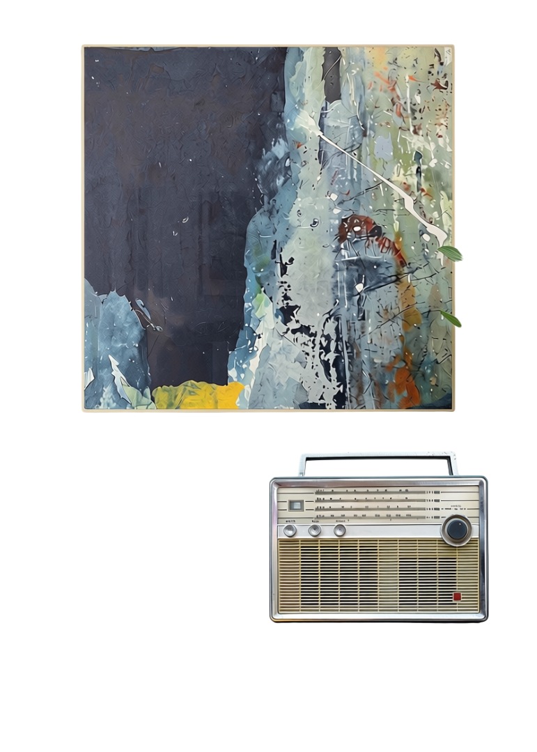 Mise en situation d’Abysse sur un fond blanc, au-dessus d’un poste de radio vintage.