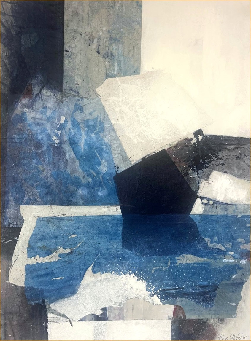 Talweg, peinture abstraite contemporaine en marqueterie de papier et pigments naturels, 60 × 80 cm